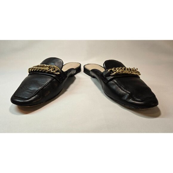 Gianni Bini Black Flat Mule Slip-On Gold Chain Sz 7 Leather Embellished Career - Picture 3 of 10